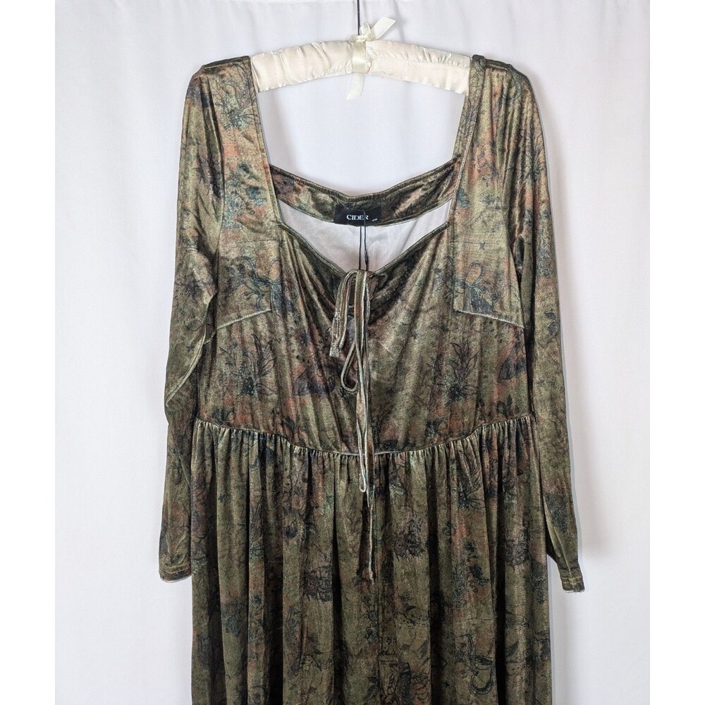 Cider 12 14 Green Velvet Square Neck Floral Drawstring Midi Dress Long Sleeve - Picture 5 of 10